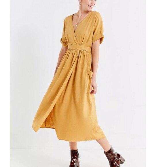 UO Gabrielle Gold Linen Midi Wrap Dress Pockets Rayon Small Mustard - Picture 1 of 14